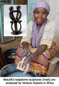 Beautiful soapstone sculptures are produced by Venture Imports in Africa.